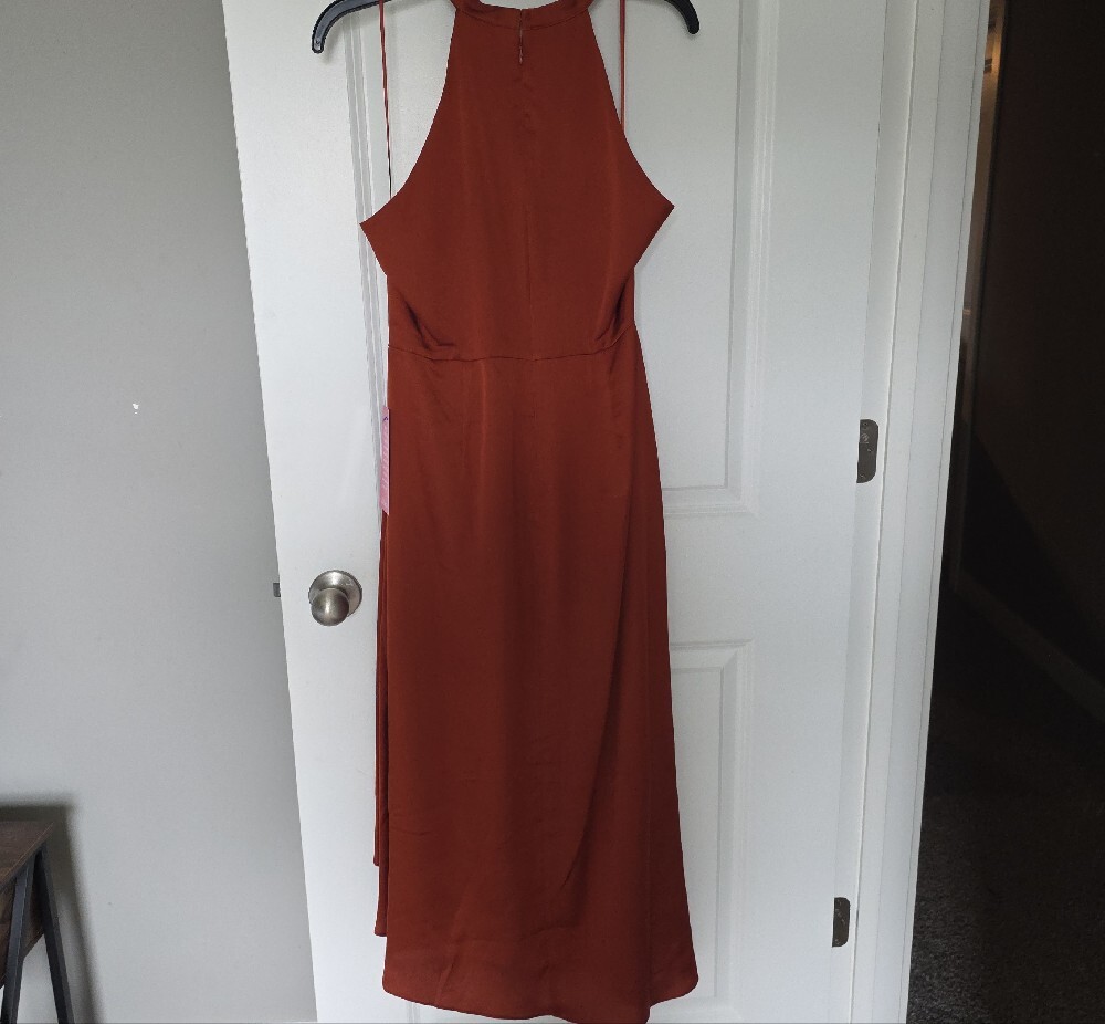 Badgley Mischka Rust Halter Ruffle High-Low Gown - Picture 10 of 16